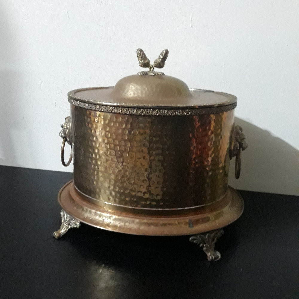 Antique Brass Tea/Biscuit Caddy Tin-Footed W/ Hinge Lid Beautiful Craftsmanship.